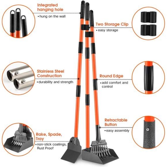 Pooper Scooper, Detachable Long Handle with Heavy Duty Metal Rake, Tray - Picture 3 of 12